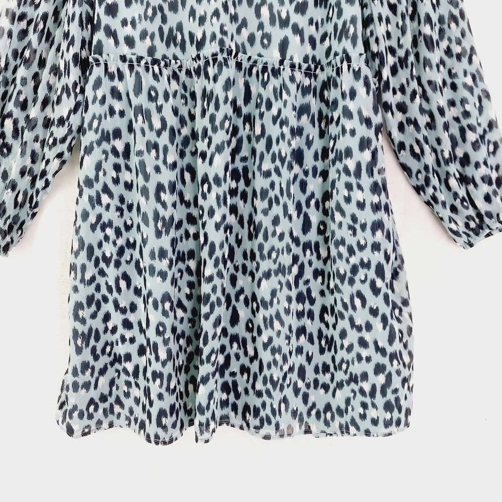 New LOFT Blue Leopard Print Long Sleeve V-Neck Midi Dress P 405 - Picture 5 of 10